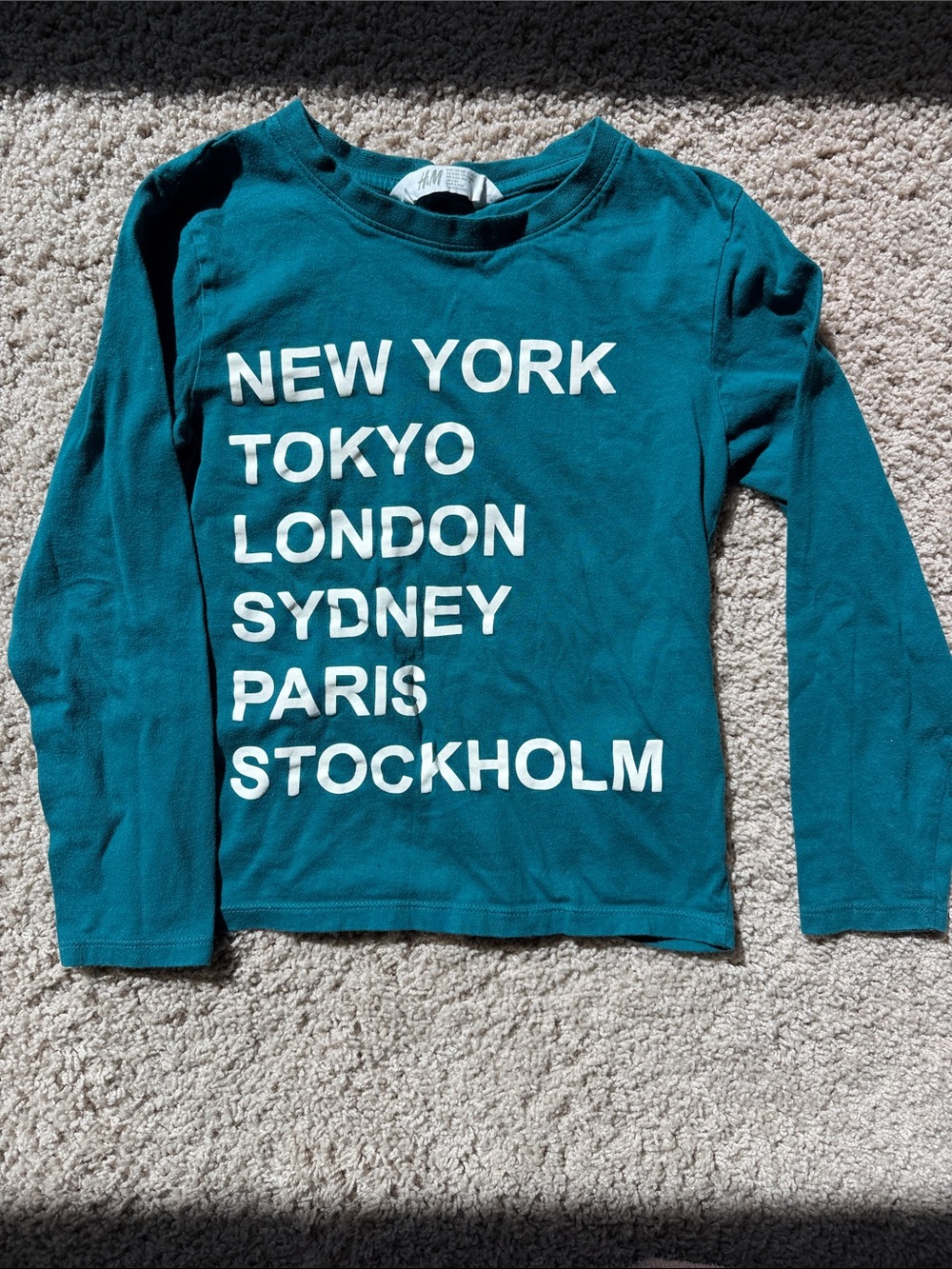 H&M Teal Long-Sleeve Tee with White City Text